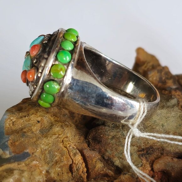 Barse Sterling Silver 925 Bezel Set Blue & Green Turquoise Coral Ring Size 7 - Picture 4 of 8